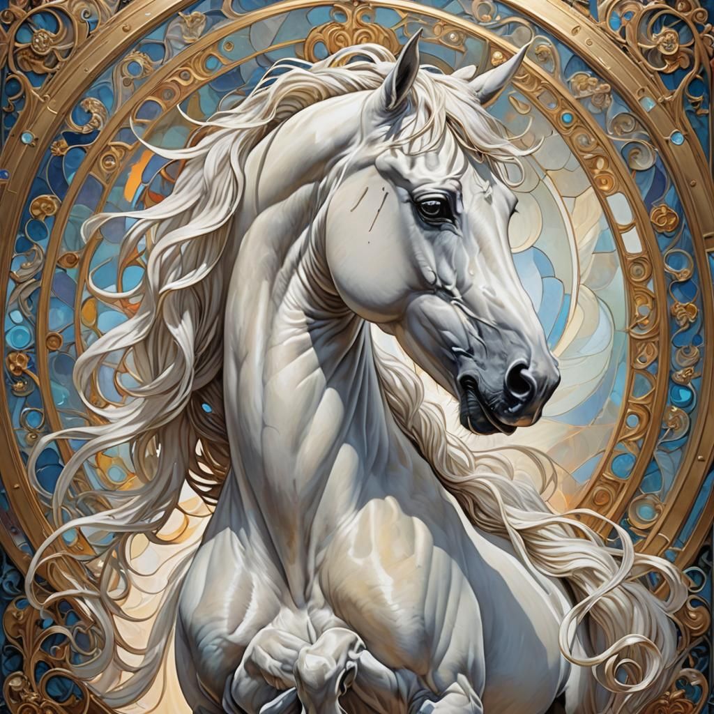 Magnificent White Horse Portrait in Divine Art Style