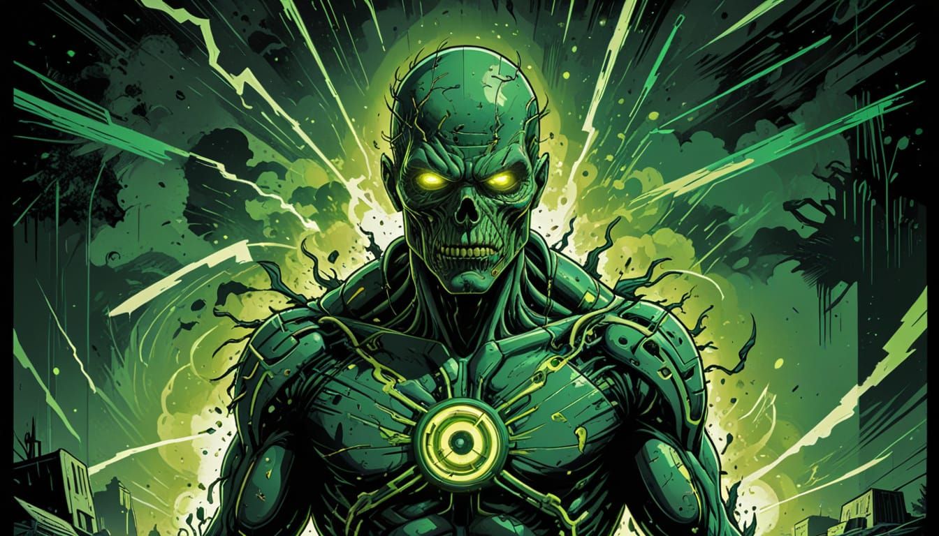 Green Eyed Zombie in Neon Retro Comic Book Style