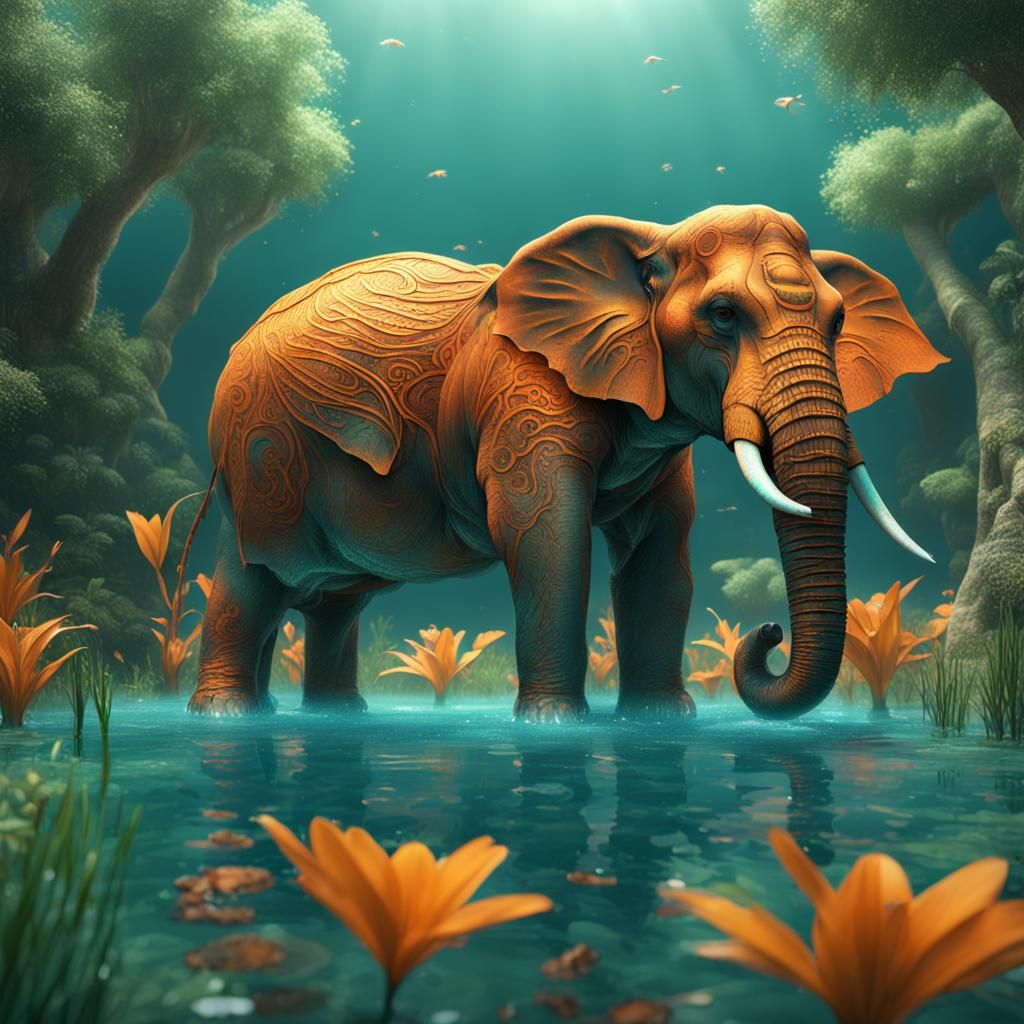 Botanical Orange Elephant Bathing in Teal Water