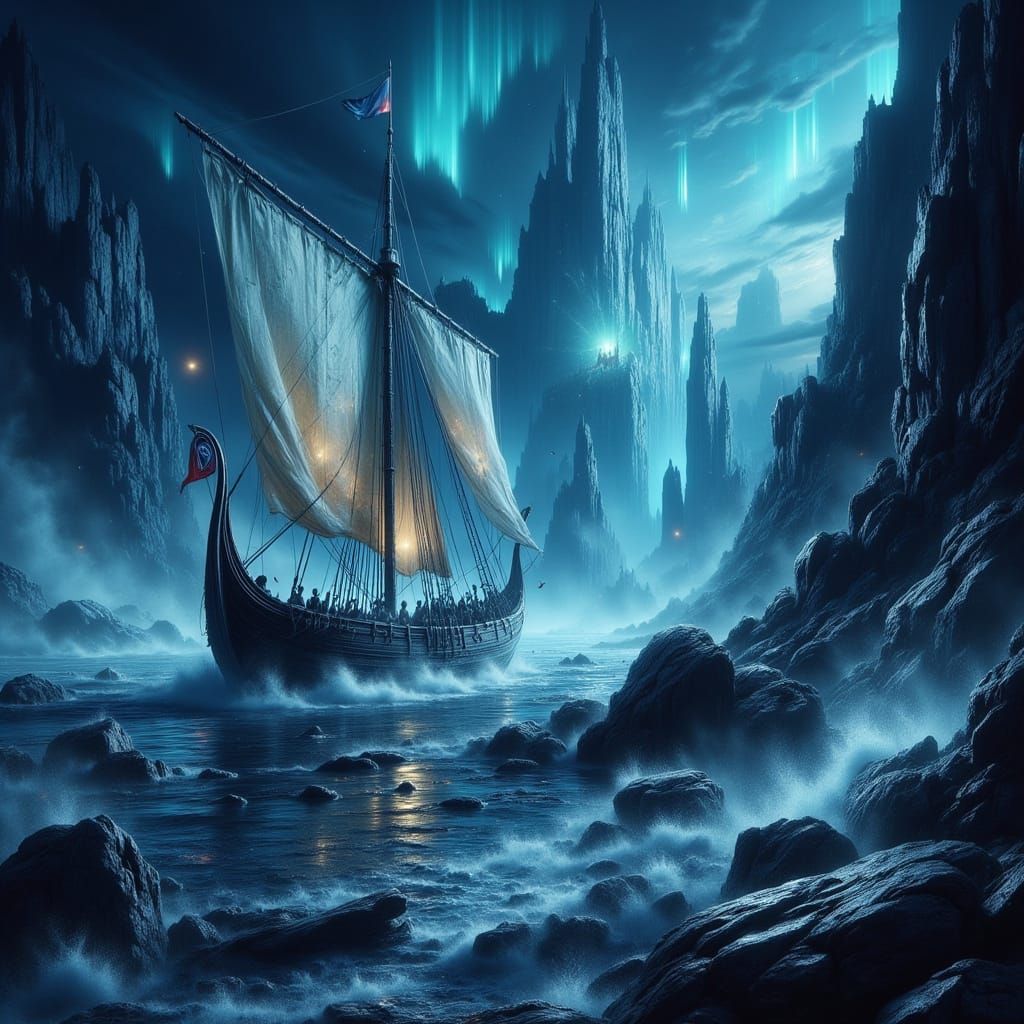 Viking Longship Wreck with Alien Battle Under Northern Light...