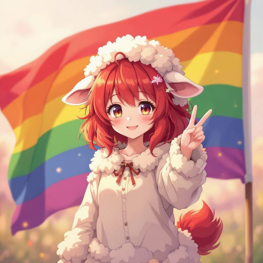 Sheep Girl With Trans Flag Peace Sign Anime Art