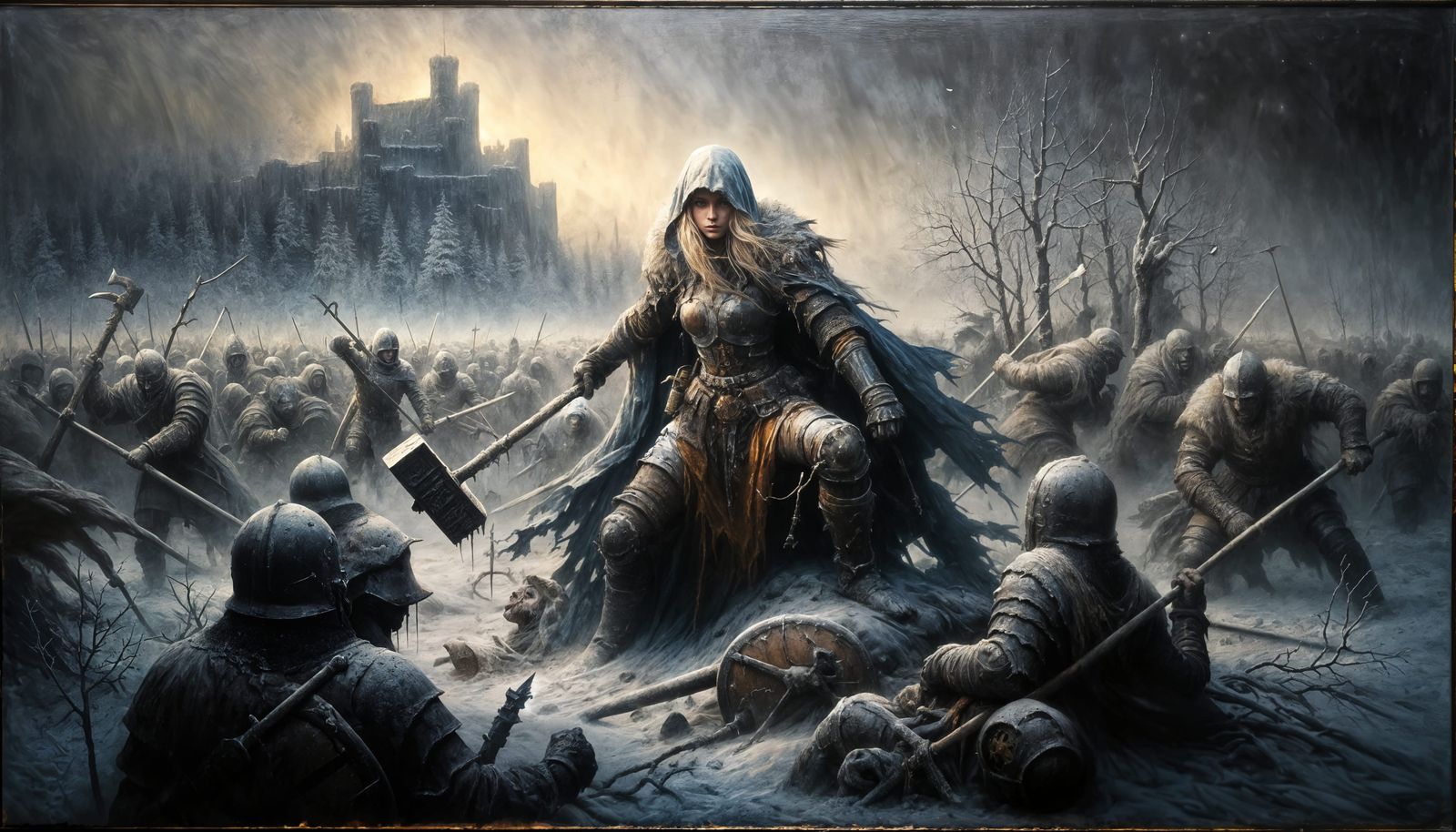 Ethereal Winter Battle in Tenebrism Style