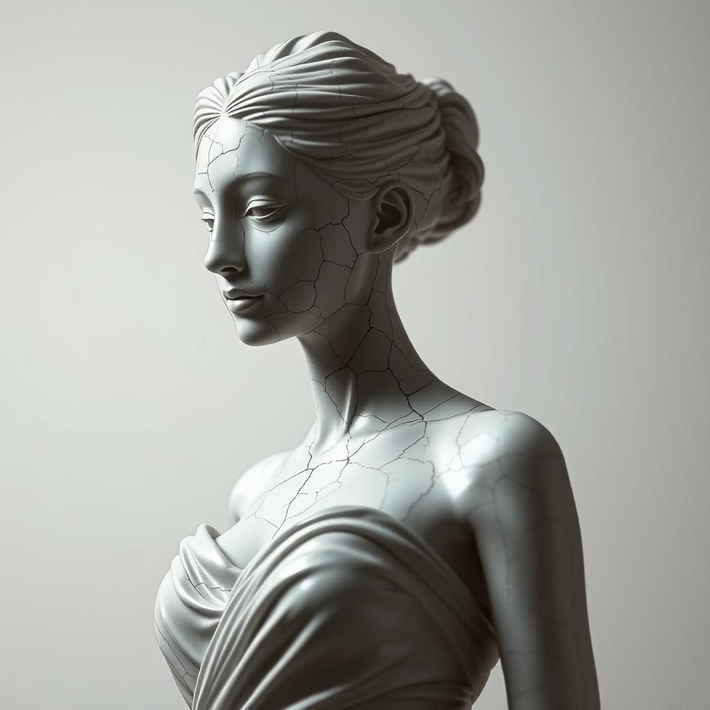 Ethereal Cracked Porcelain Woman Statue in Surreal Style