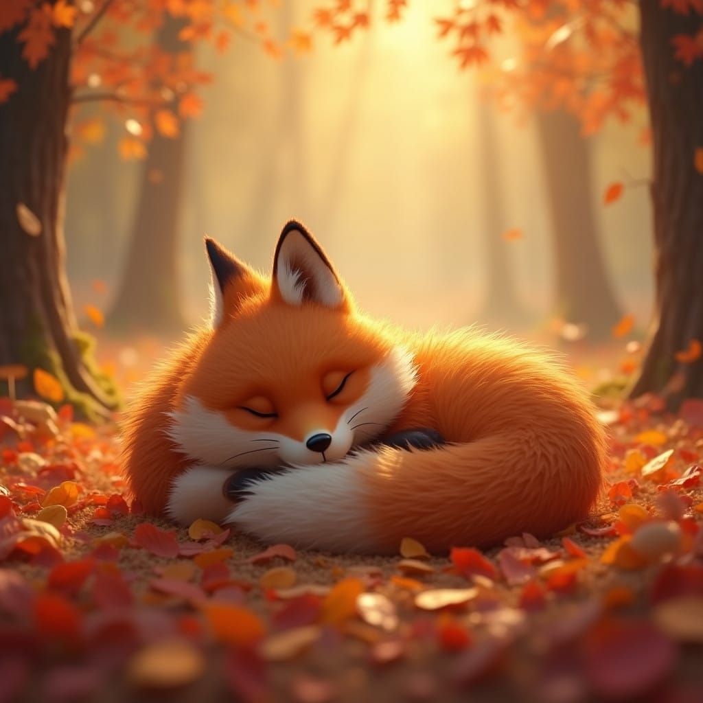 Whimsical Autumn Fox in a Cozy Leaf Bed