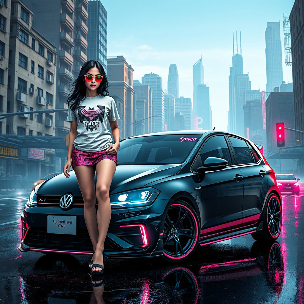 Cyberpunk Volkswagen Polo in Dystopian Cityscape