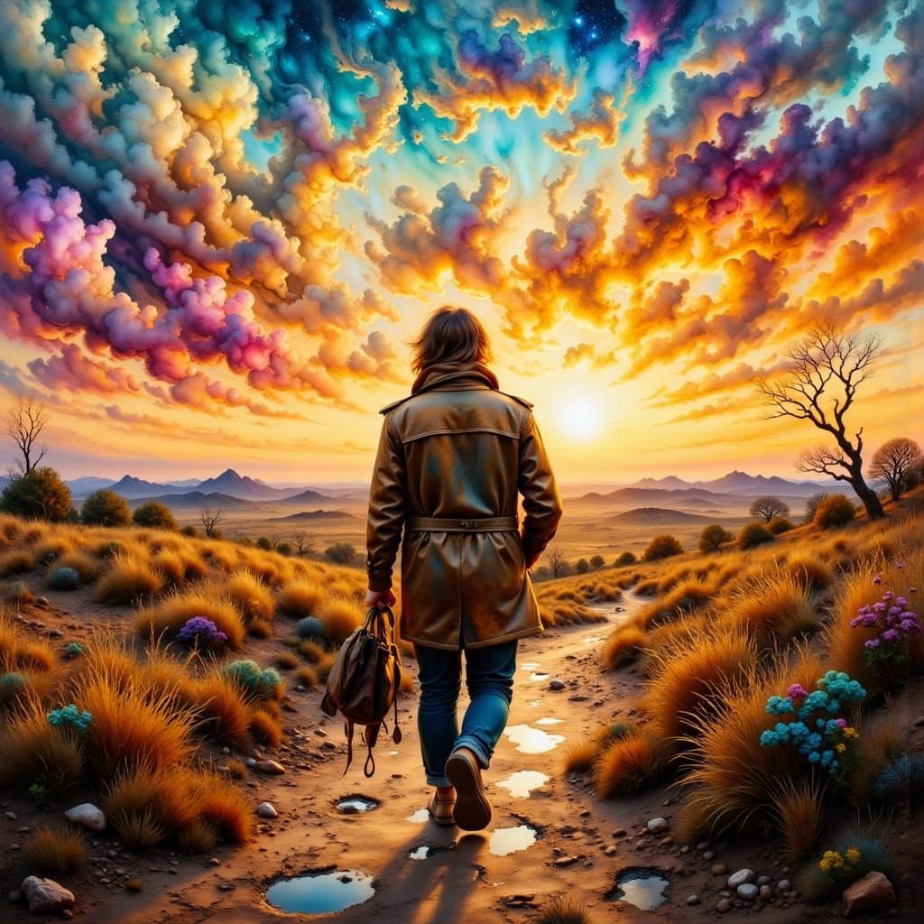 Man Walks Into the Sunset: A Realist Oil Painting
