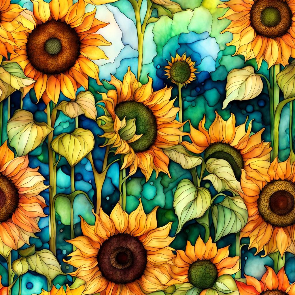 Golden Hour Sunflowers in Alcohol Ink