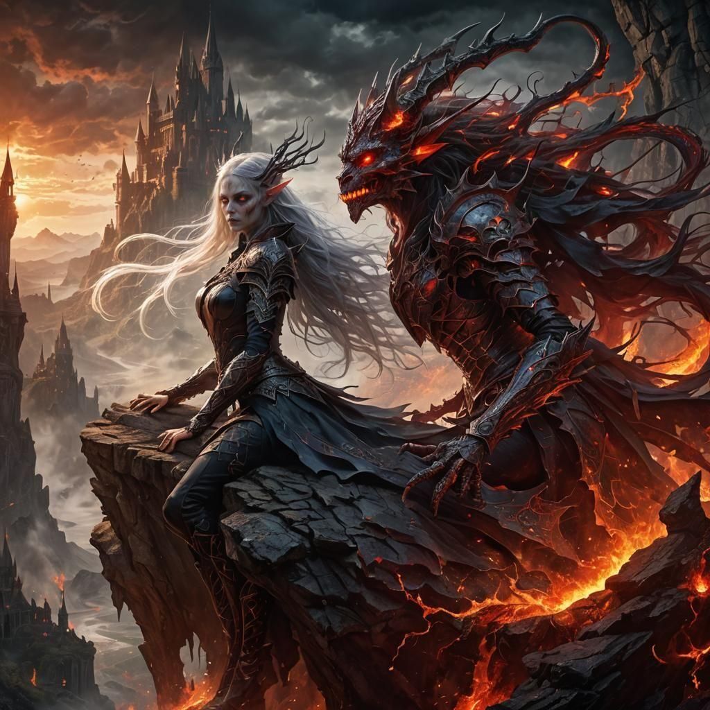Ethereal Elven Demon on Cliff Edge in Gothic Art