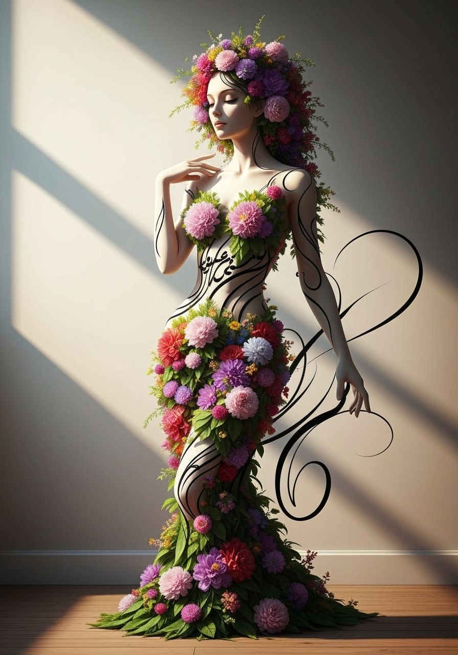 Floral Woman Outlined in Calligraphy