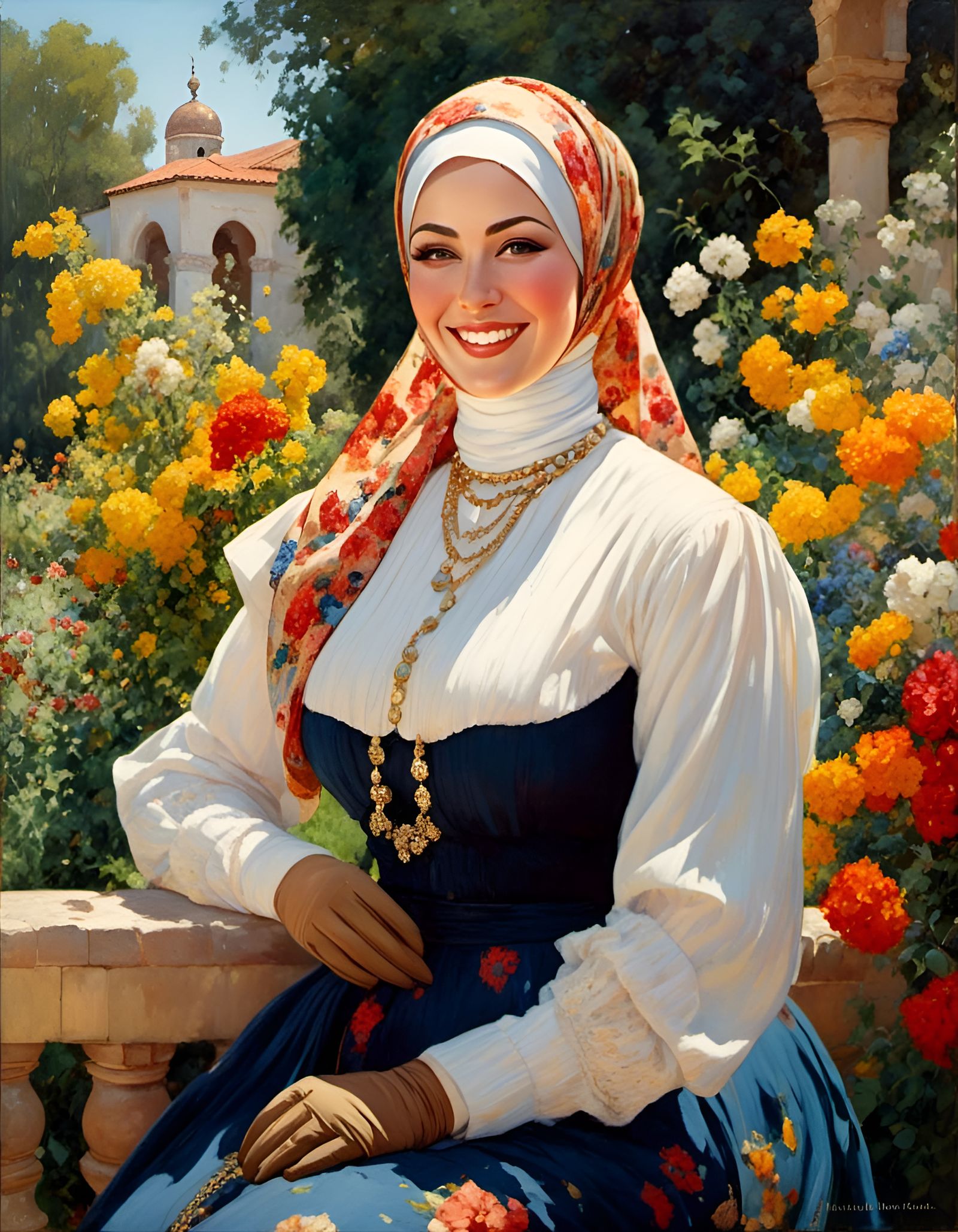 Elegant Hijabi Woman in Garden, Detailed Oil Painting