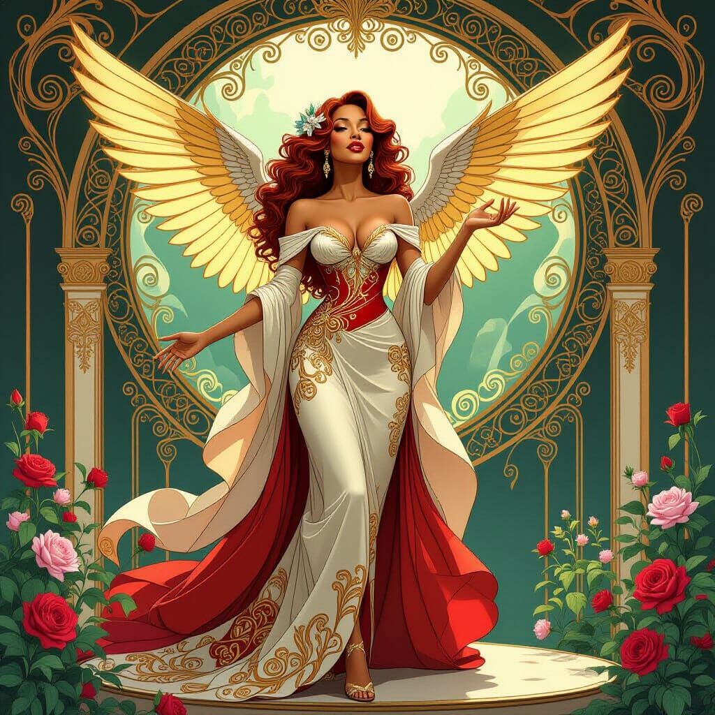 Art Nouveau Robin Woman Sings on Floral Stage