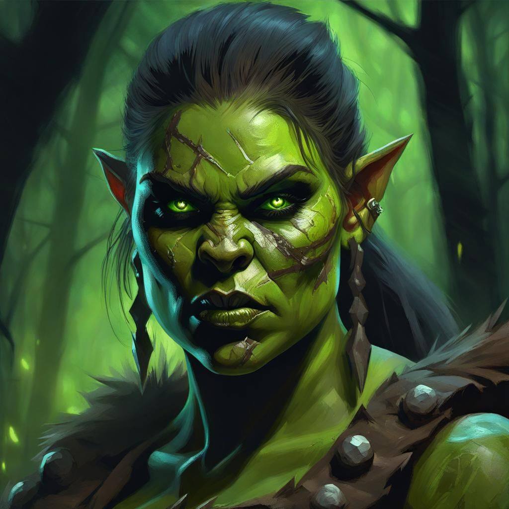 Female Orc Barbarian Portrait in Dark Fantasy Style
