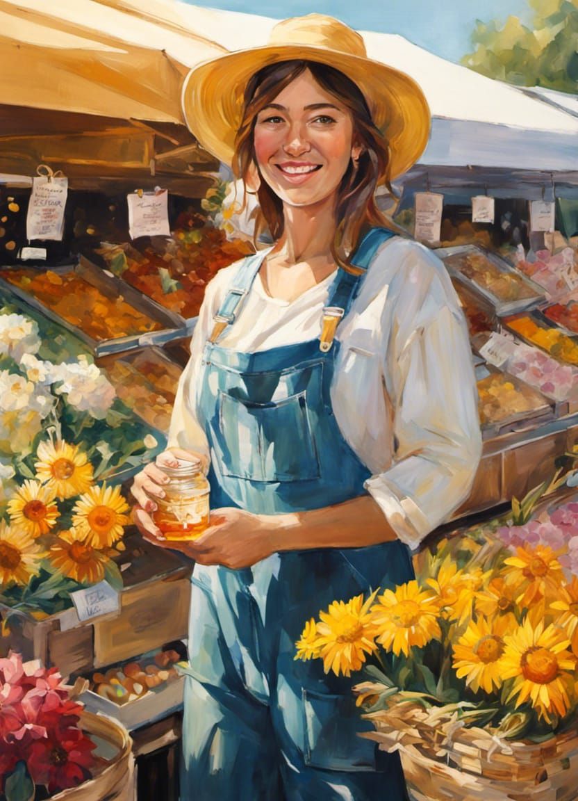 Happy Honey Vendor at Farmers Market, Digital Art