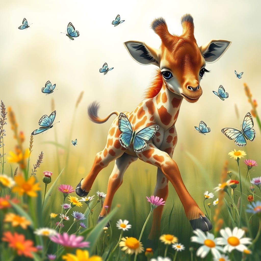 Whimsical Giraffe Calf Chases Butterflies in a Lush Meadow