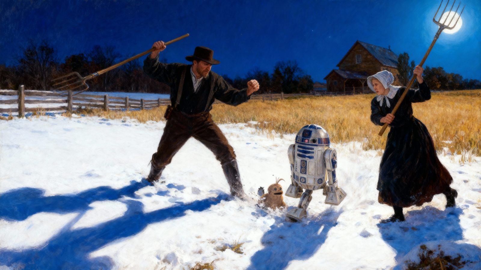 Amish Farmer Expels Battle Droids in Dramatic Oil Painting