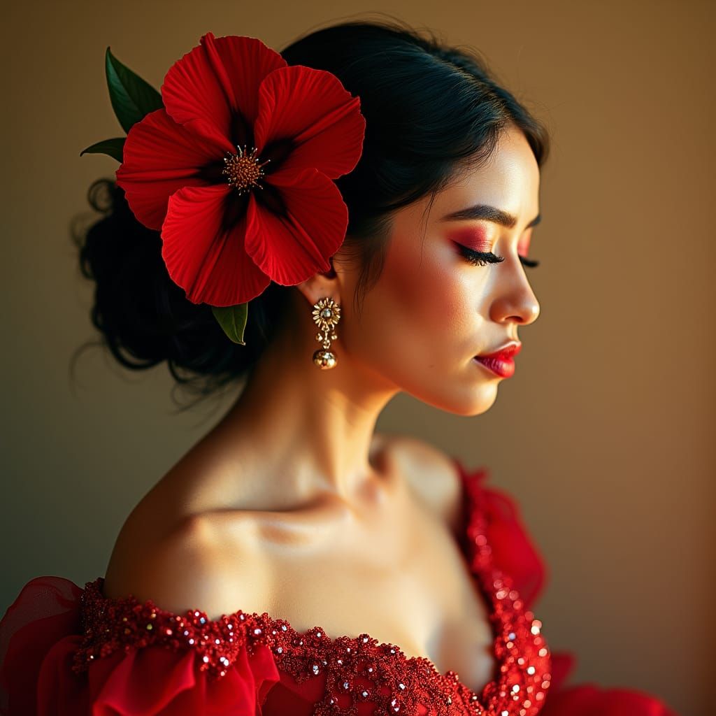 Hispanic Woman with Red Flower, Orozco Style