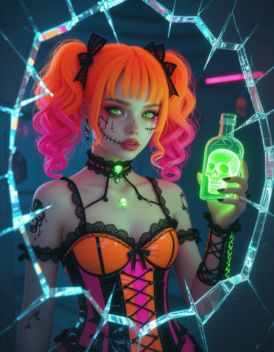 Cyberpunk Horror Girl With Neon Skulls In Holographic Mirror