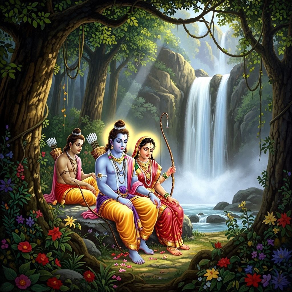 Ramayana Scene: Ram, Sita, and Lakshman in Forest, Classical...