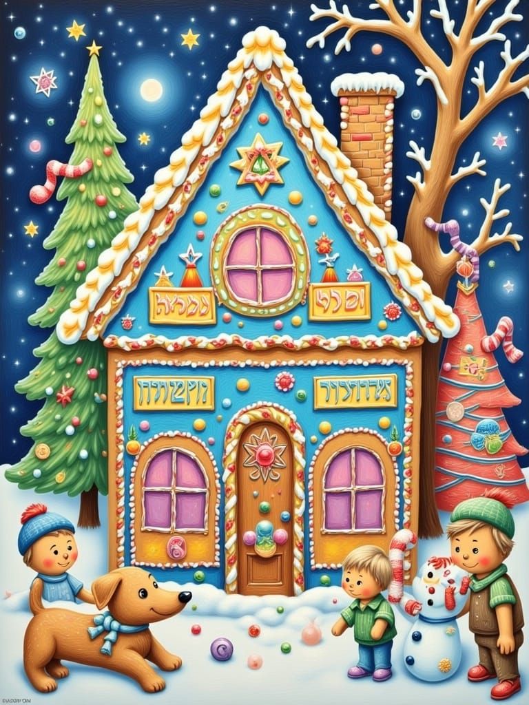 Whimsical Jewish Gingerbread House Scene in Folk Art Style