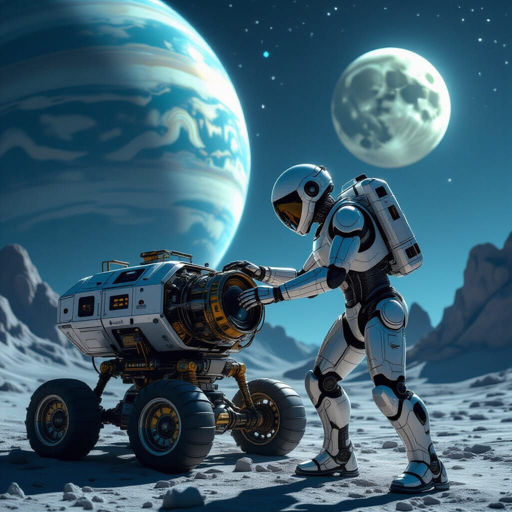 Robot Repairs Spaceship Engine in Outer Space