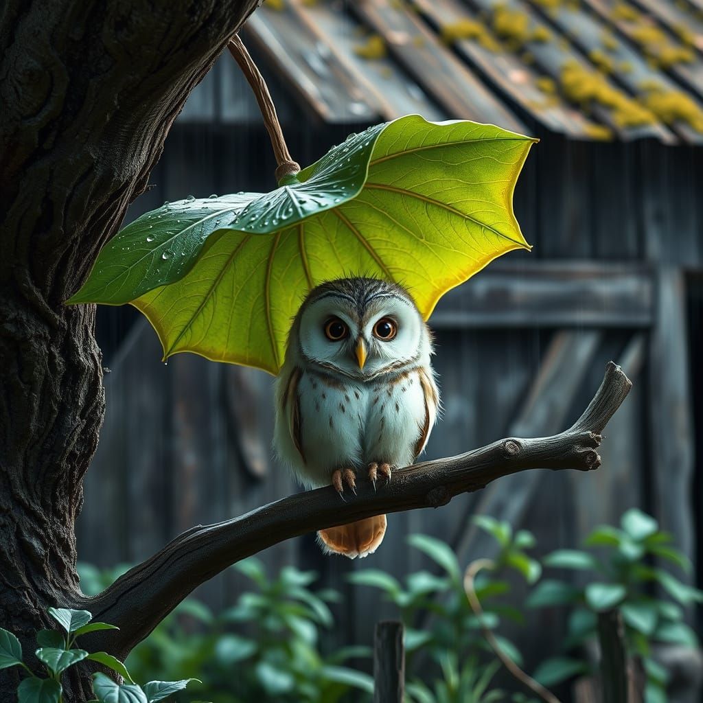 Whimsical Owl Takes Shelter from Rainy Day Storm