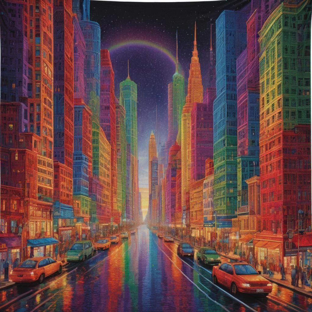 Luminescent Rainbow Thread Cityscape Art