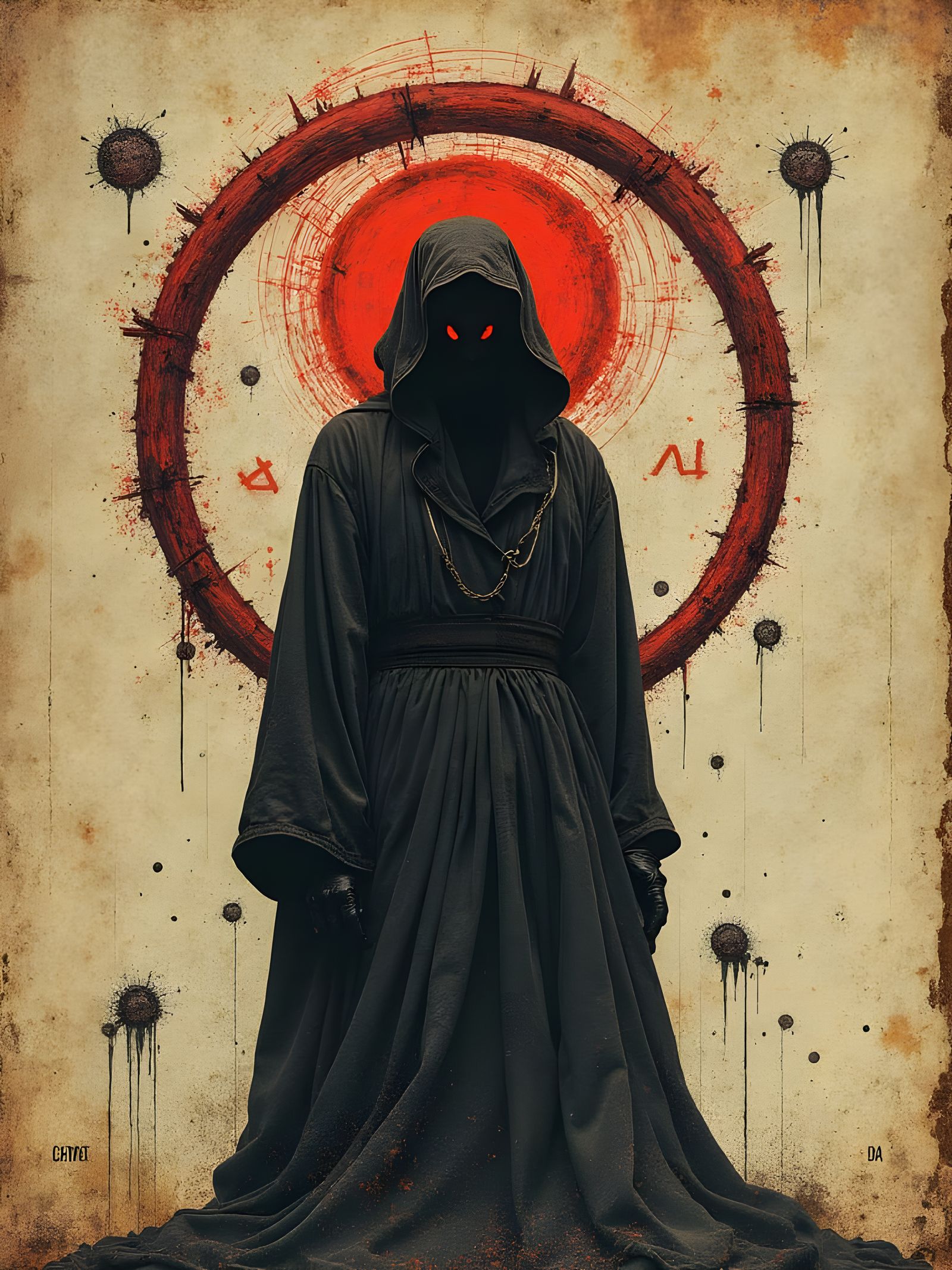 Cryptic Figure with Ouroboros in Printmaking Style