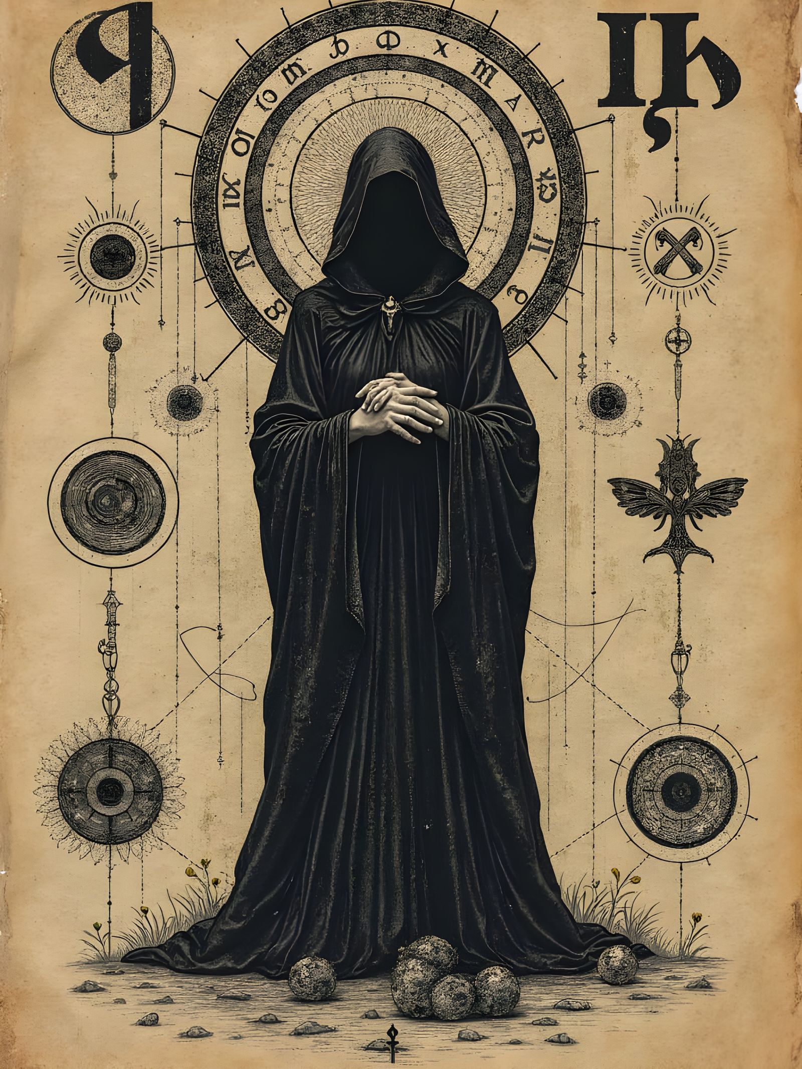 Cryptic Figure with Ouroboros in Printmaking Style