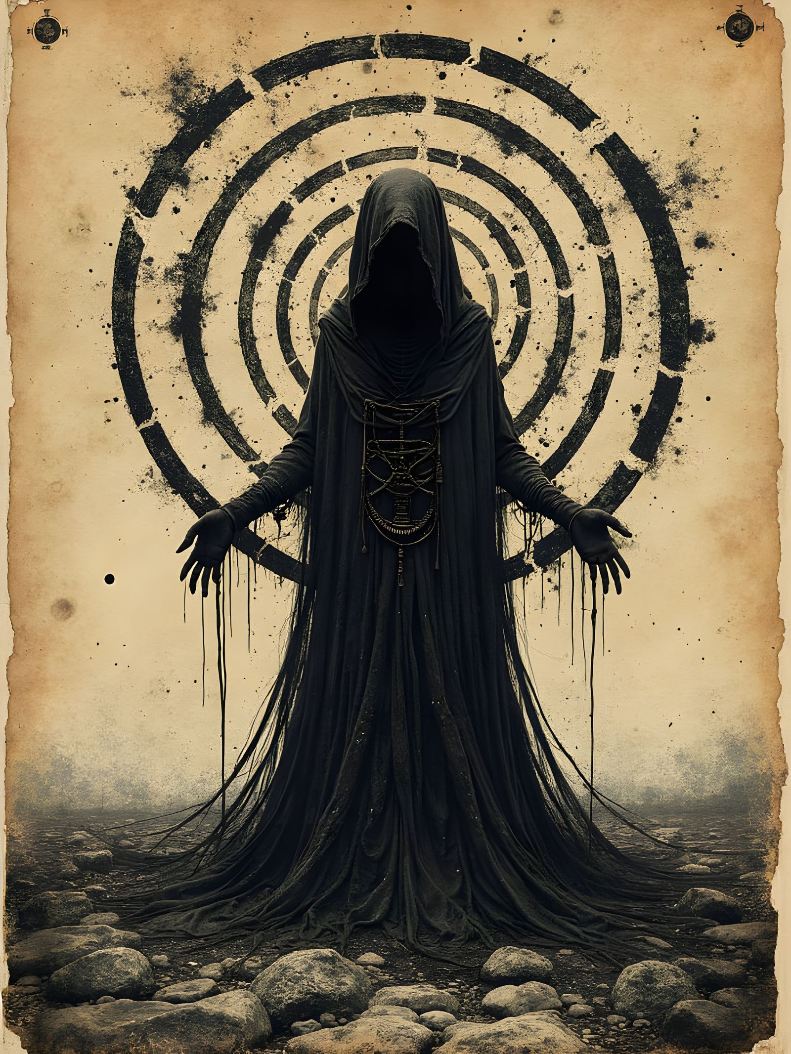 Mystical Figure in Surreal Printmaking Style