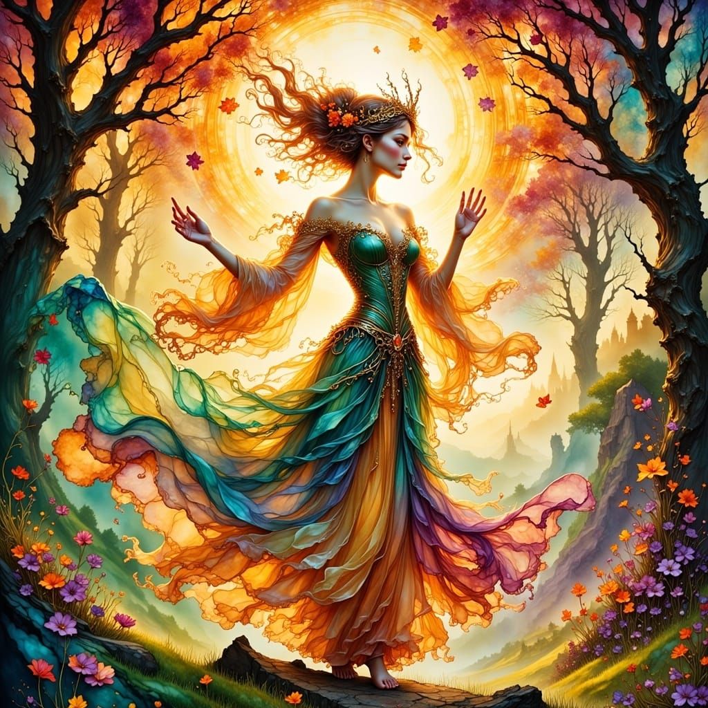 Ethereal Anime Goddess in Autumnal Vortex