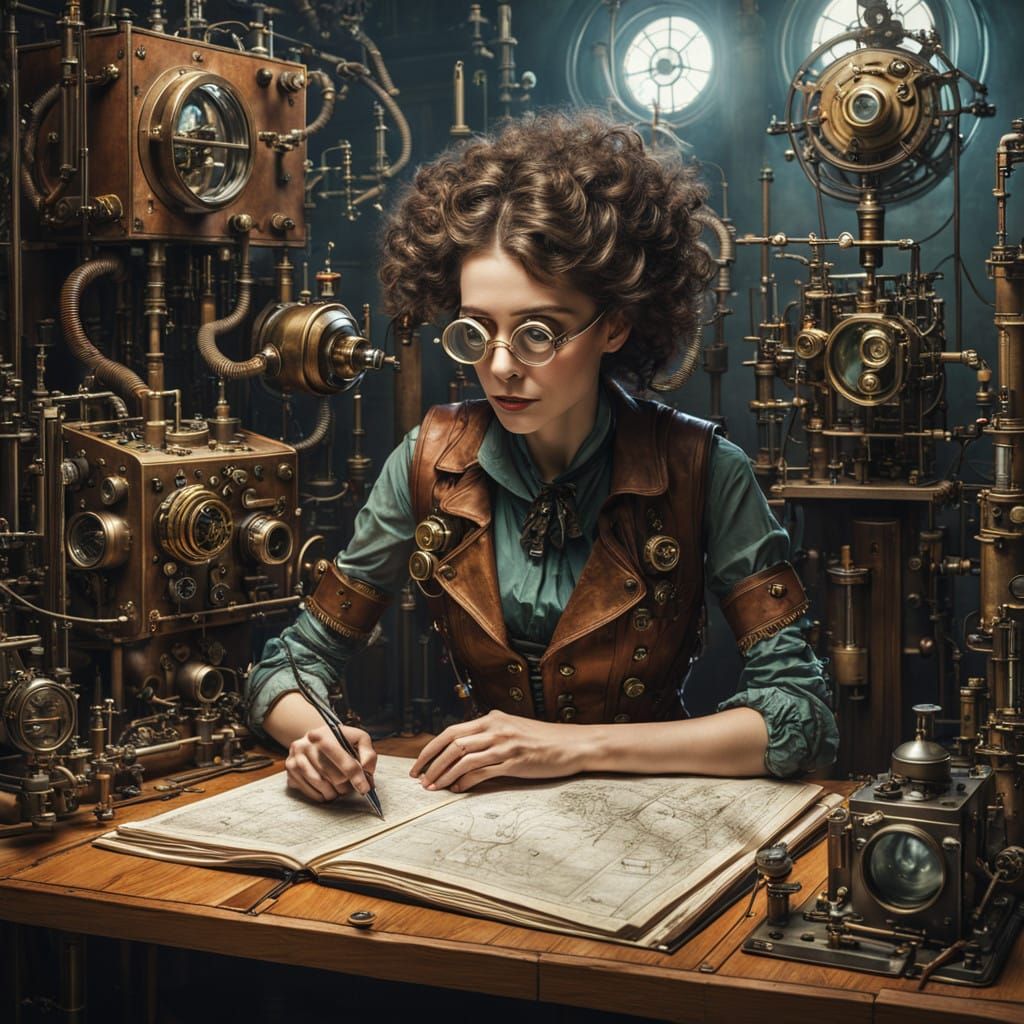 Steampunk Scientist Woman in Industrial Realism Style