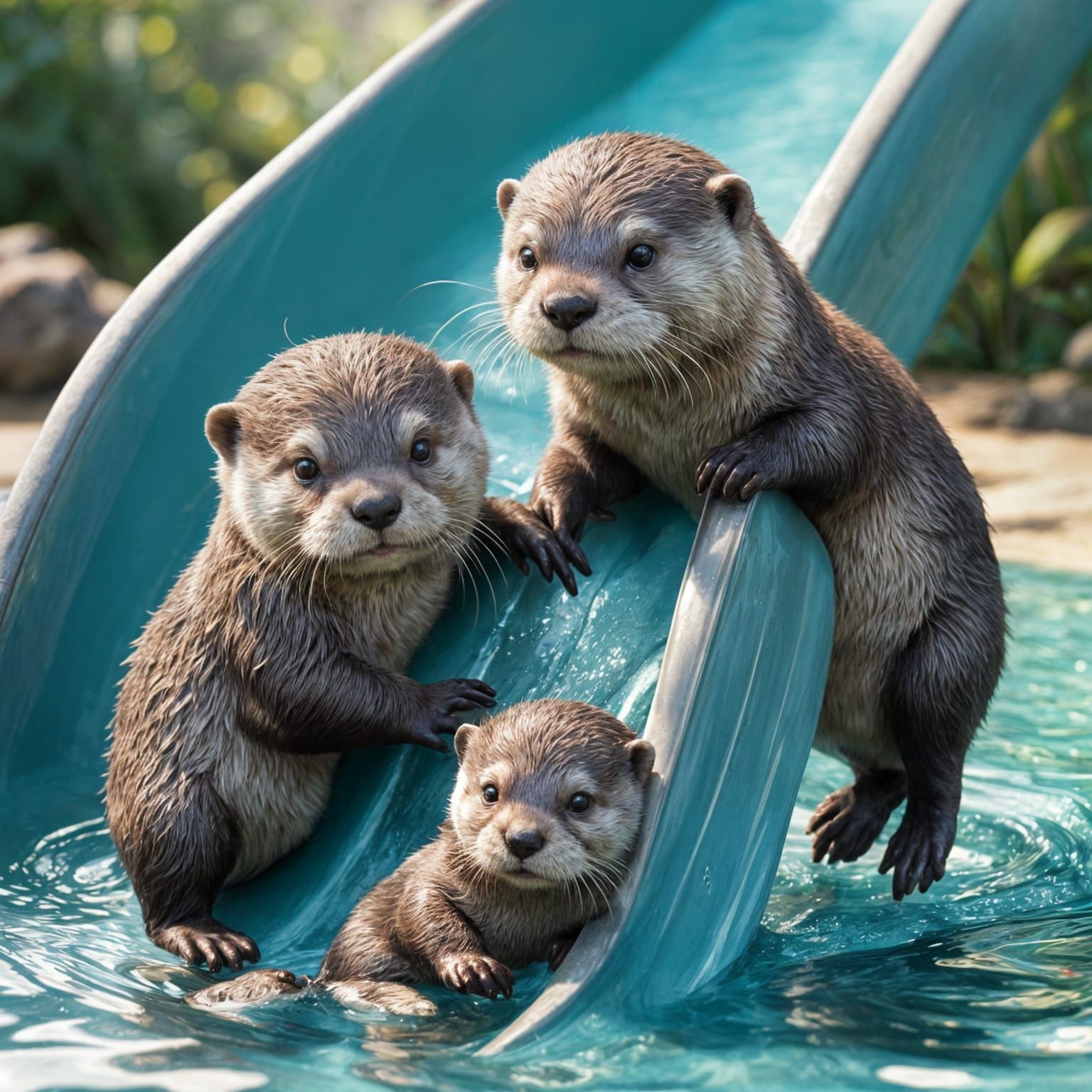 Hyperrealistic Little Otters Play on Water Slide