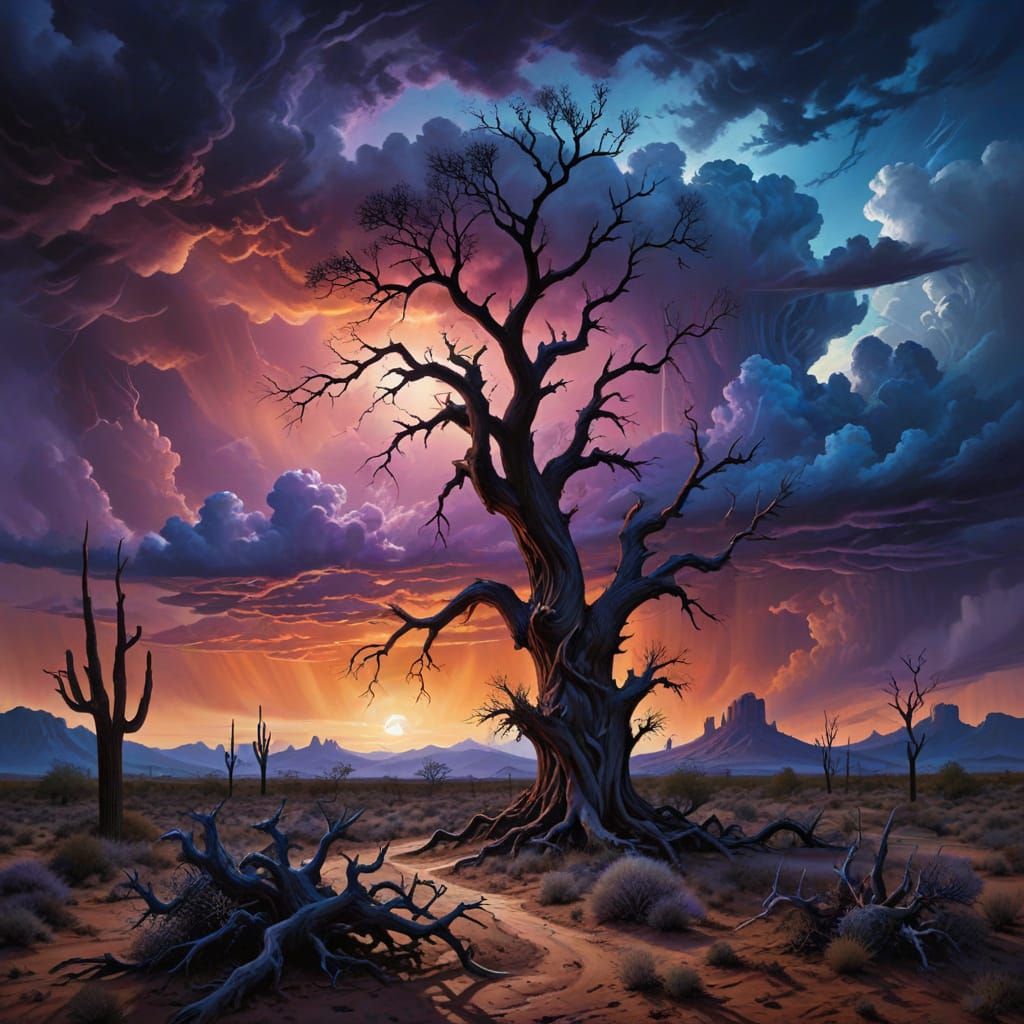 Twisted Desert Twilight under Darkening Skies