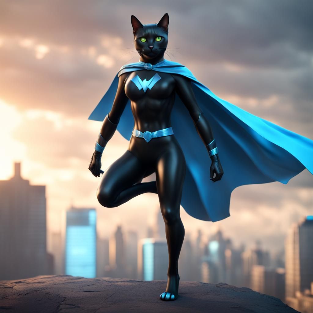 Cat Superhero in Black and Blue Costume