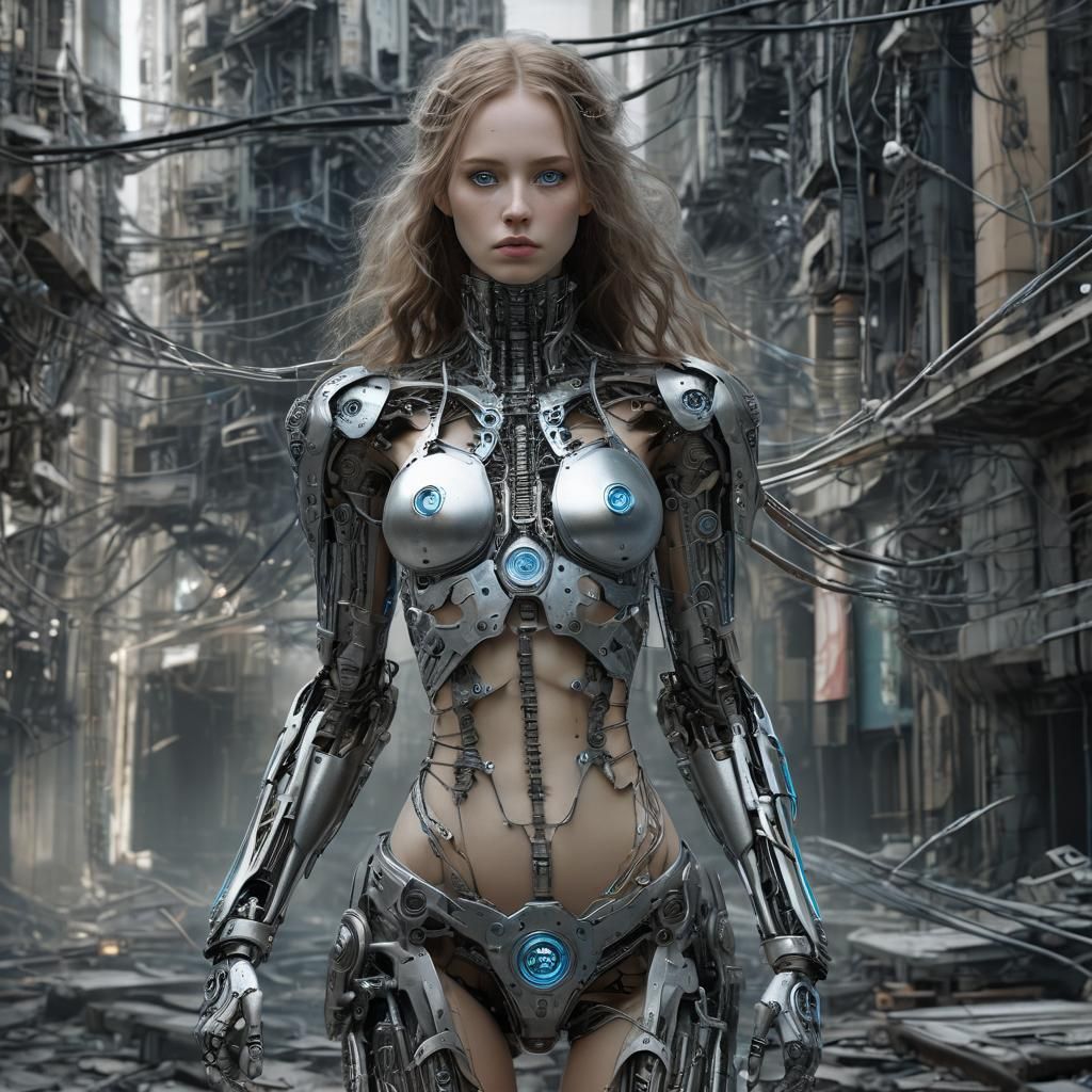 Cyborg Woman in Dystopian City: Pre-Raphaelite Portrait