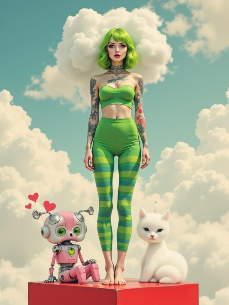 Woman with Tattoos and Robot Emerge from Clouds