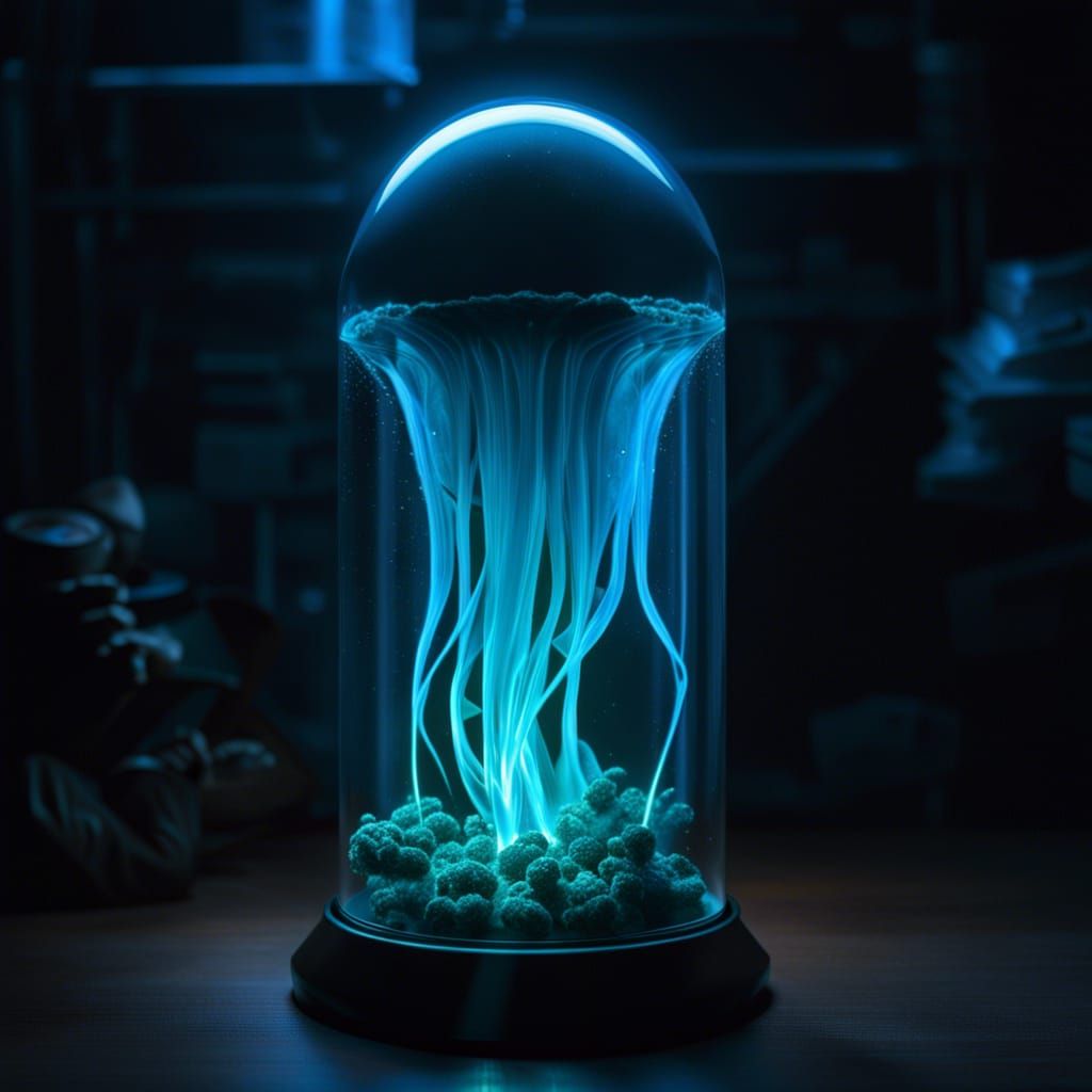 Bioluminescent Alien in Translucent Time Capsule