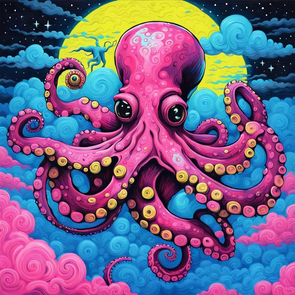 Octopus with Cloud Pocket Watch: Impasto Blacklight Art