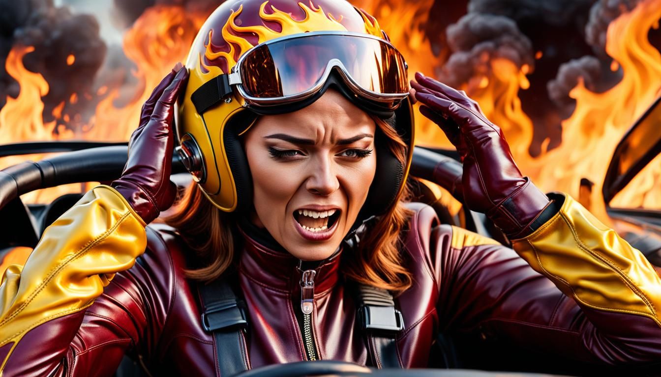 Burning Race Car Driver in Fear