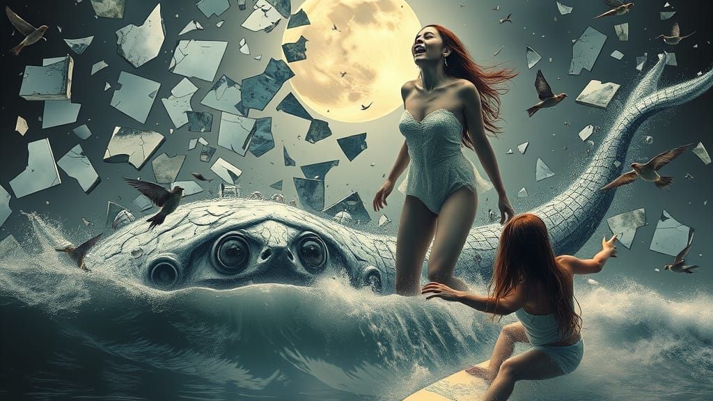 Surreal Goddess Amidst Shattered Mirrors in a Dreamlike Scen...