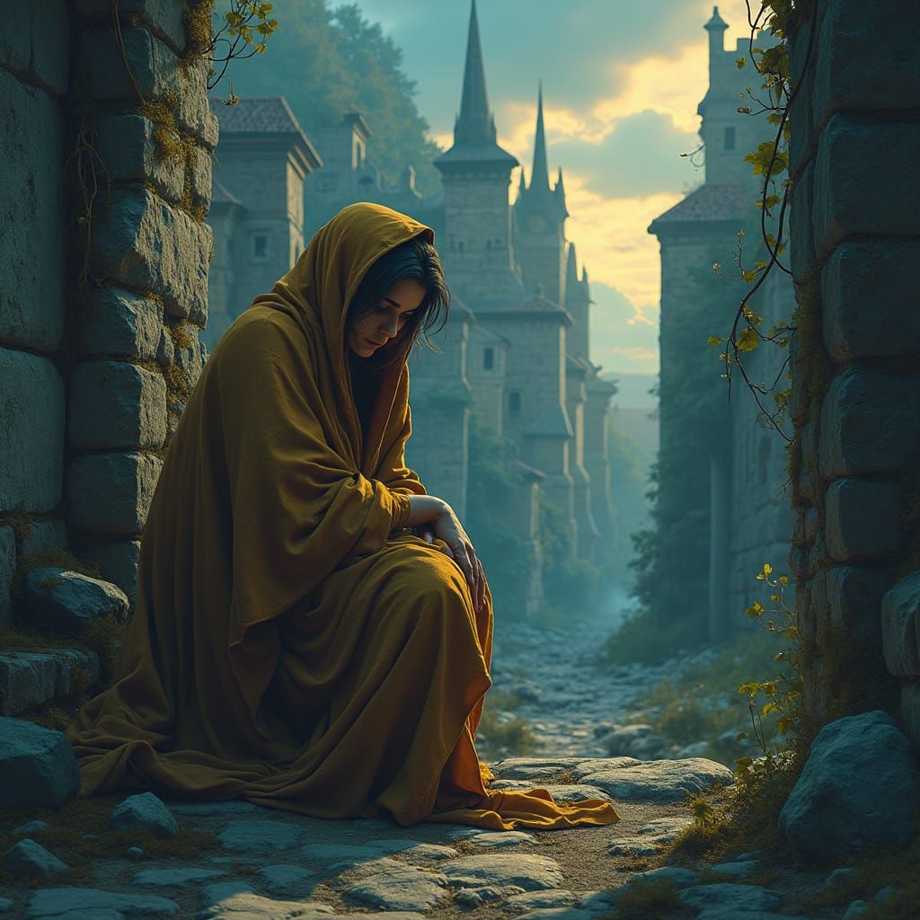 Resilient Mother in Mystical Cityscape Matte Painting