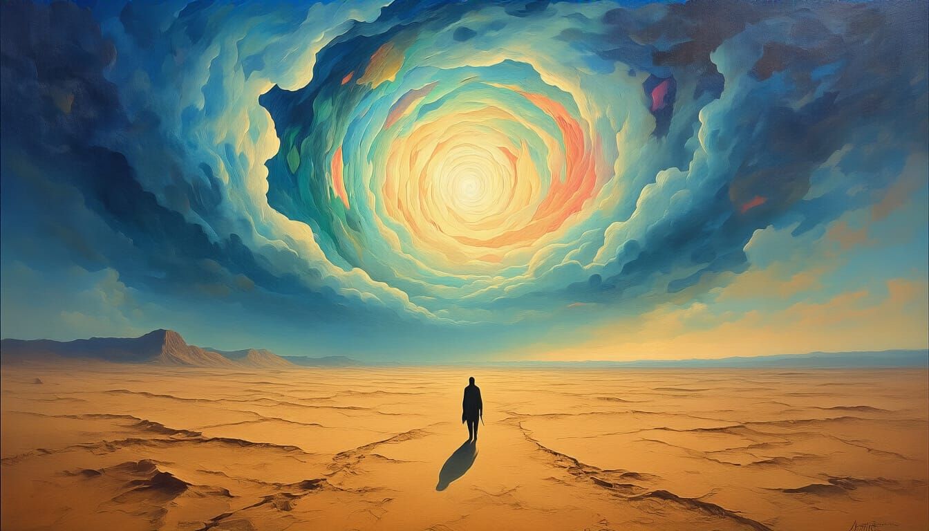 Surreal Desert Landscape with Dreamlike Sky