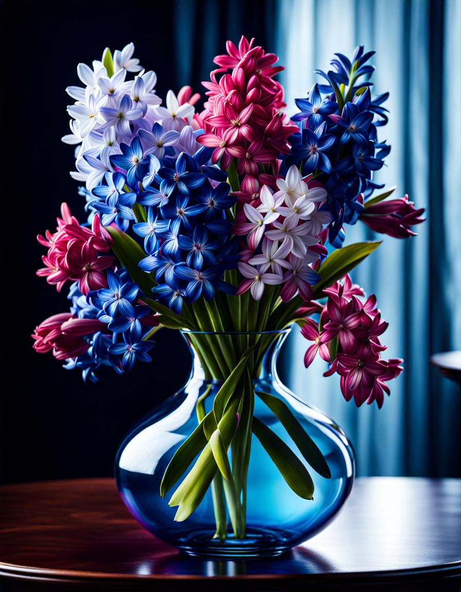 Hyperrealistic Hyacinth Arrangement in Blue Vase