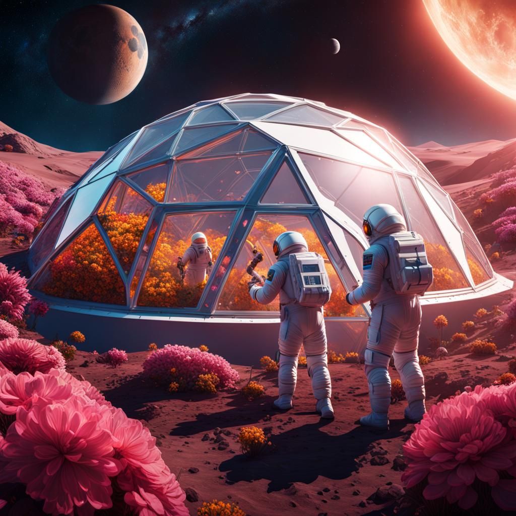 Astronauts Tend Lunar Flowers in a Dome