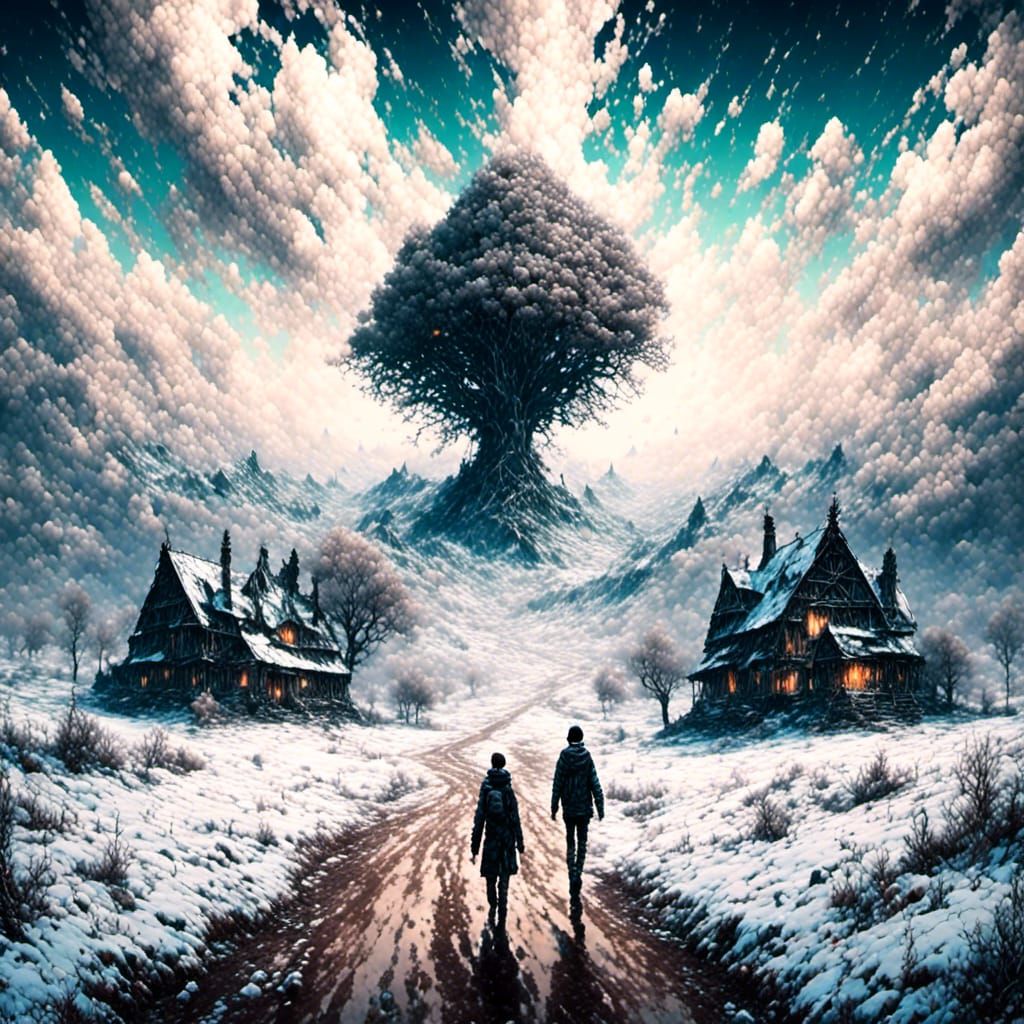 Man Walks to House in Snowy Field