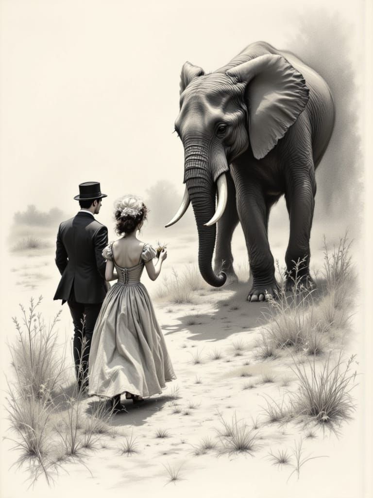 Elegant Steampunk Couple Meets a Majestic Elephant in Charco...