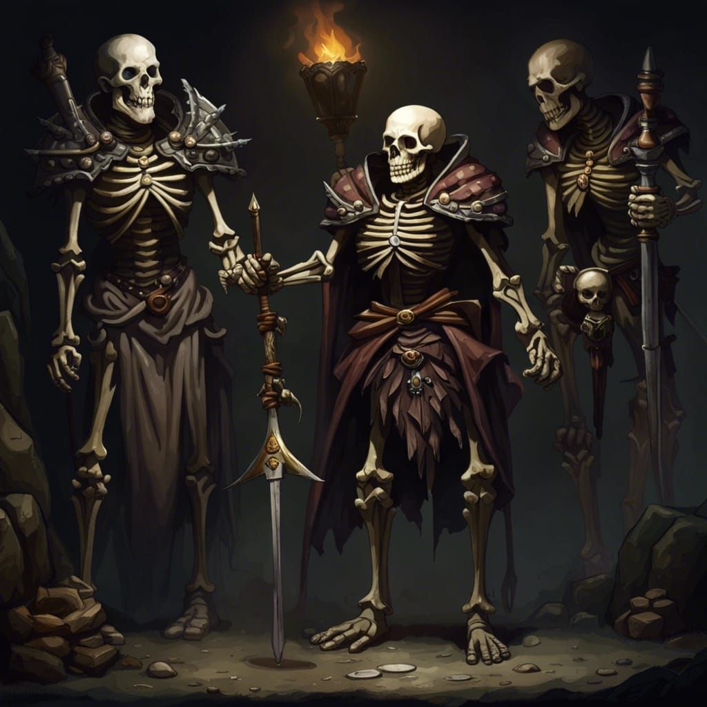 Skeleton D&D Party in Dimly Lit Cave