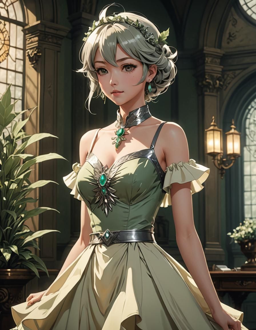 Anime Girl in Crystal Dress, Cel-Shaded Style