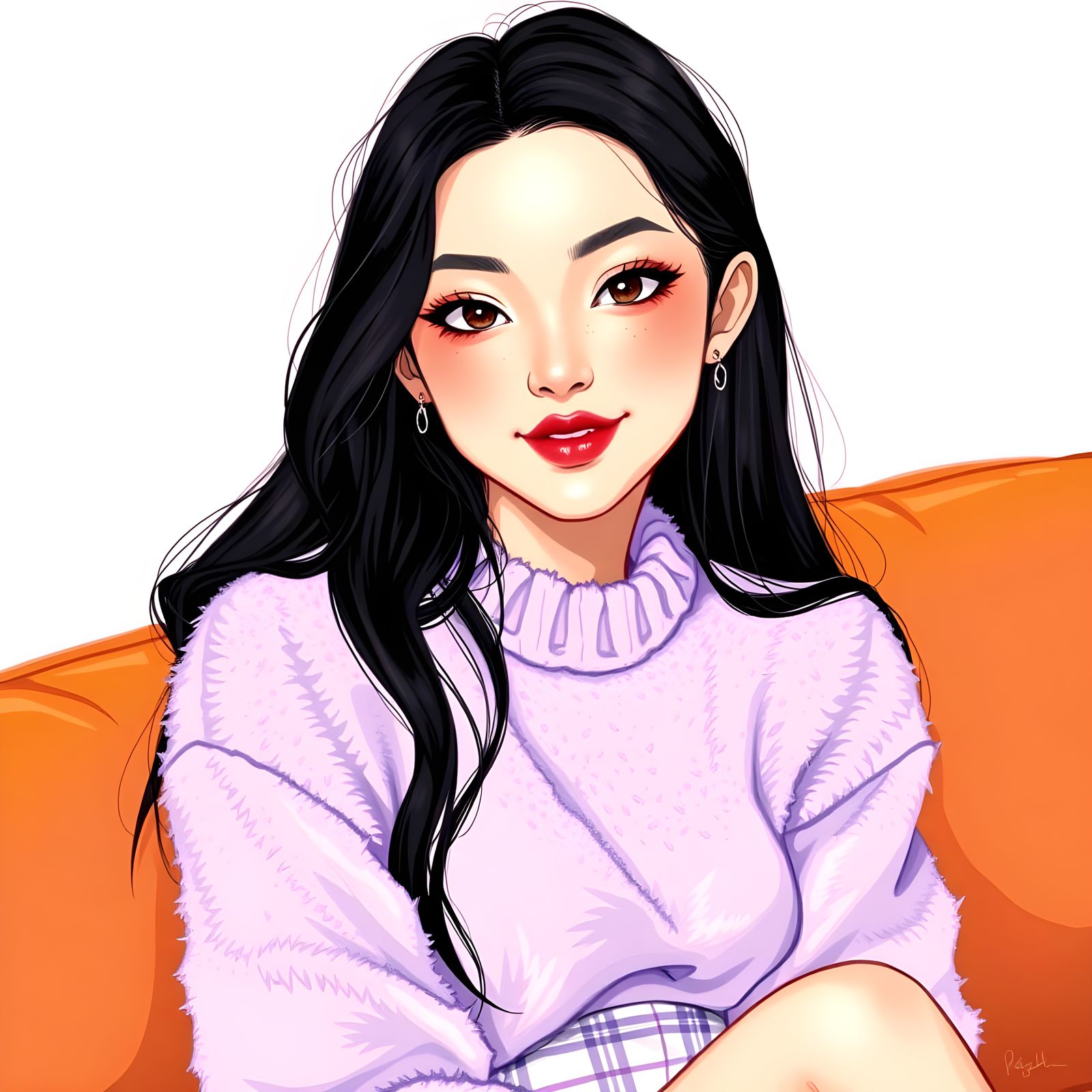 Elegant Woman in Lavender Sweater and Plaid Miniskirt