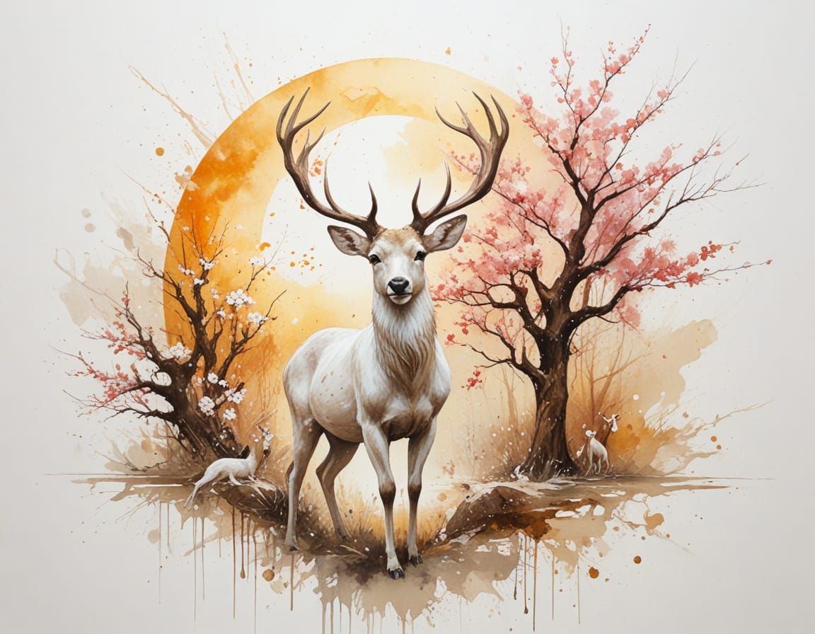 Spirit Deer Beneath Cherry Blossoms at Sunset